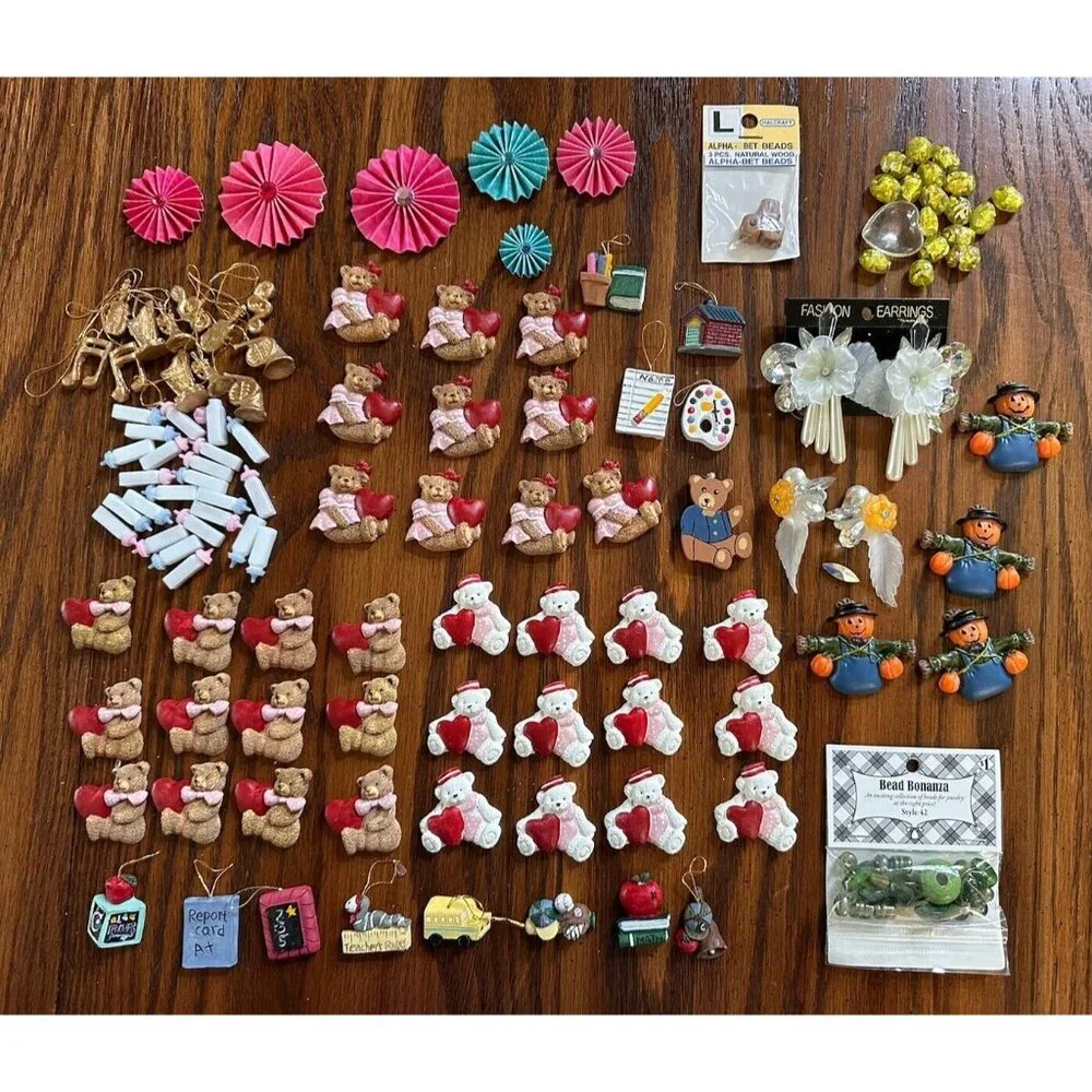 Jewelry Making/Crafting Lot Teddy Bear Flats, Foil Beads, School Ornaments, MORE